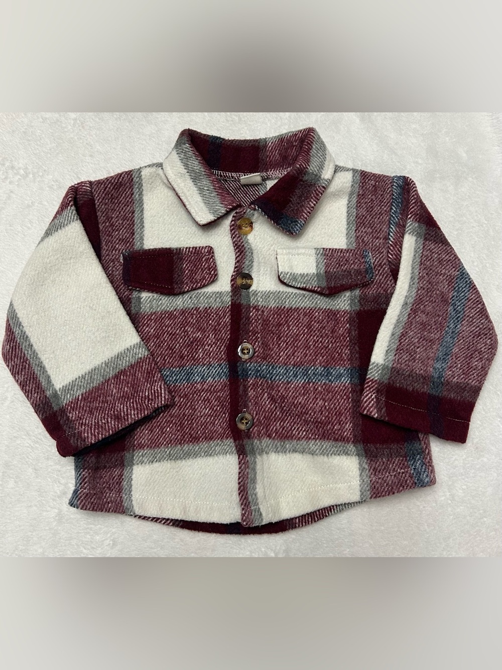 SHEIN 12-18 months cabin cozy Burgundy & Cream Plaid Button-Down Shacket